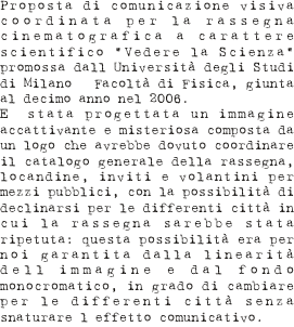 Proposta di comunicazione visiva coordinata per la rassegna cinematografica a carattere scientifico “Vedere la Scienza” promossa dall’Università degli Studi di Milano – Facoltà di Fisica, giunta al decimo anno nel 2006. E’ stata progettata un’immagine accattivante e misteriosa composta da un logo che avrebbe dovuto coordinare il catalogo generale della rassegna, locandine, inviti e volantini per mezzi pubblici, con la possibilità di declinarsi per le differenti città in cui la rassegna sarebbe stata ripetuta: questa possibilità era per noi garantita dalla linearità dell’immagine e dal fondo monocromatico, in grado di cambiare per le differenti città senza snaturare l’effetto comunicativo.
